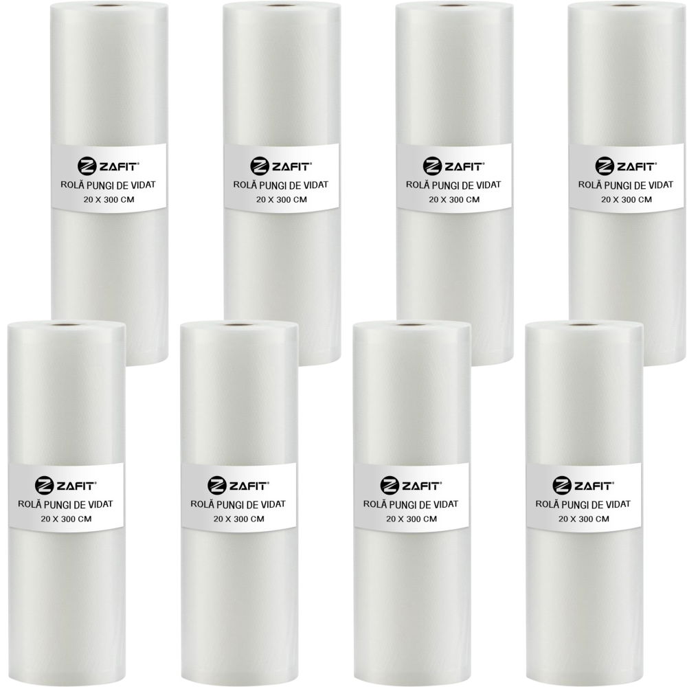 Set 8 role pungi de vidat gofrate ZAFIT™, 20 x 300 cm, pentru aparat de vidat alimente, reutilizabile, rezistente, sous vide, lavabile in masina de spalat, fara BPA, transparent [1]