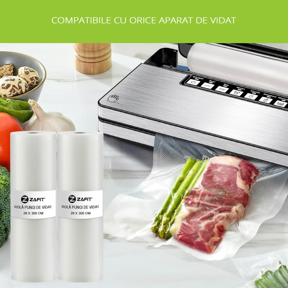 Set 6 role pungi de vidat gofrate ZAFIT™, 28 x 300 cm, pentru aparat de vidat alimente, reutilizabile, rezistente, sous vide, lavabile in masina de spalat, fara BPA, transparent [5]