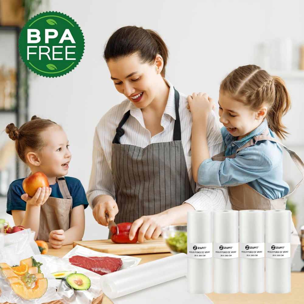 Set 8 role pungi de vidat gofrate ZAFIT™, 28 x 300 cm, pentru aparat de vidat alimente, reutilizabile, rezistente, sous vide, lavabile in masina de spalat, fara BPA, transparent [9]