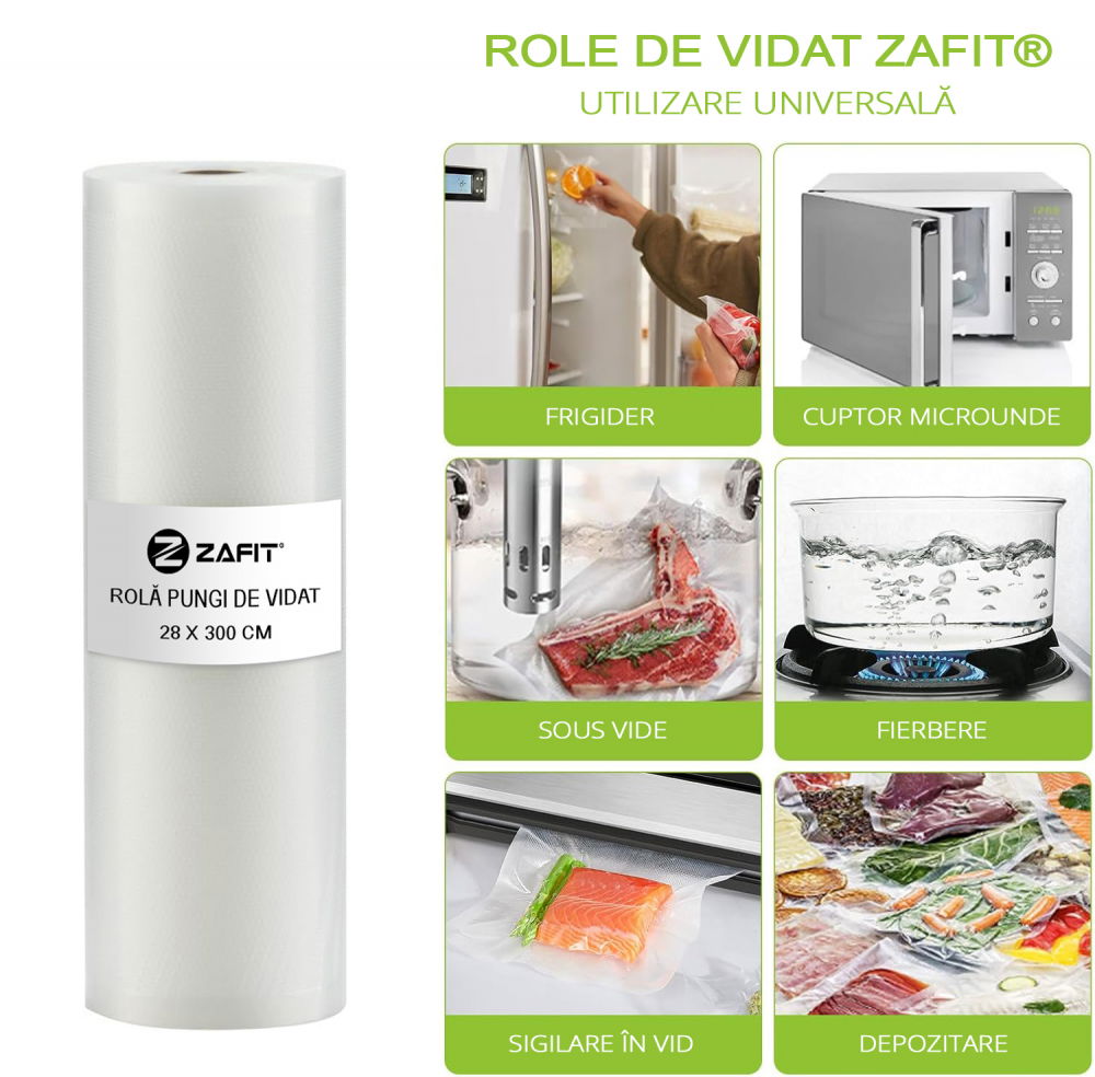 Set 8 role pungi de vidat gofrate ZAFIT™, 28 x 300 cm, pentru aparat de vidat alimente, reutilizabile, rezistente, sous vide, lavabile in masina de spalat, fara BPA, transparent [3]