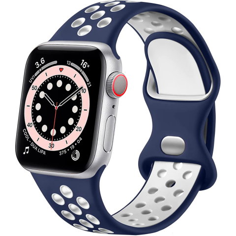 Curele Apple Watch 42mm/44mm/45mm/49mm - Curea silicon perforat Sport pentru Apple Watch Ultra 2/Ultra/Series 10/9/8/7/SE2/6/5/4/3/2/1, Display 42mm/44mm/45mm/49mm, Albastru + Alb
