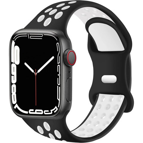 Curele Apple Watch 42mm/44mm/45mm/49mm - Curea silicon perforat Sport pentru Apple Watch Ultra 2/Ultra/Series 10/9/8/7/SE2/6/5/4/3/2/1, Display 42mm/44mm/45mm/49mm, Negru + Alb