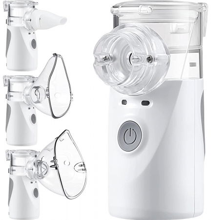 Aparat aerosoli - Aparat aerosoli FIGGA® NEB-01, Nebulizator copii si adulti, portabil, tehnologie Mesh, 2 trepte putere, silentios, tip alimentare Baterii sau la Retea cablu 2 m, culoare Alb/Gri