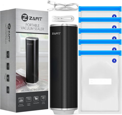 Aparate de vidat - Aparat de vidat alimente ZAFIT™ PMP-01 aluminiu, 15 pungi de vidat incluse, Portabil, Tip pompa, Reincarcabil, Acumulator 800 mAh, Putere 5W, Debit 2.5l/min, cablu incarcare inclus, Negru