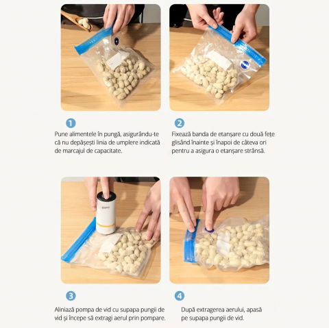 Aparat de vidat alimente ZAFIT™ PMP-02, 10 pungi de vidat incluse, Portabil, Tip pompa, Reincarcabil, Acumulator 400 mAh, Putere 3 W, Debit 2.5l/min, cablu incarcare inclus [5]