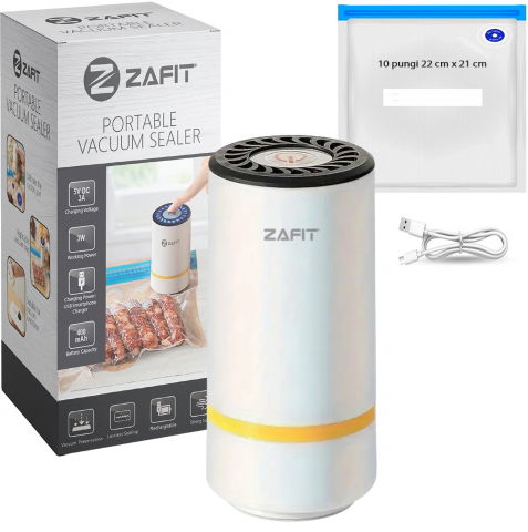 Aparate de vidat - Aparat de vidat alimente ZAFIT™ PMP-02, 10 pungi de vidat incluse, Portabil, Tip pompa, Reincarcabil, Acumulator 400 mAh, Putere 3 W, Debit 2.5l/min, cablu incarcare inclus