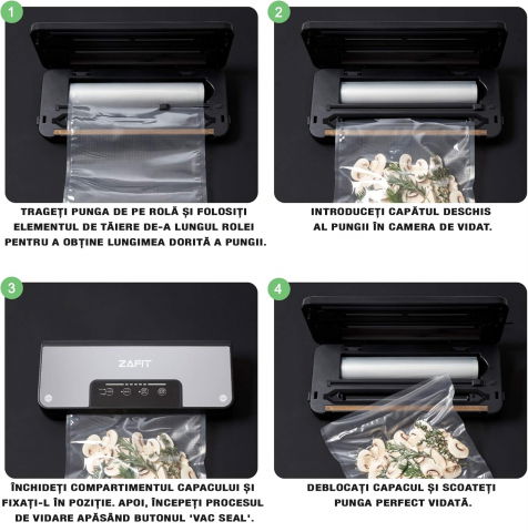 Aparat de vidat alimente ZAFIT™ VID-110 PRO+, 30 cm bara de lipire, cu rola 300 cm x 28 cm, Furtun vidare sticle si caserole, Negru/Inox [3]