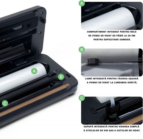 Aparat de vidat alimente ZAFIT™ VID-110 PRO+, 30 cm bara de lipire, cu rola 300 cm x 28 cm, Furtun vidare sticle si caserole, Negru/Inox [2]