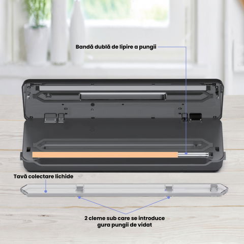 Aparat de vidat alimente ZAFIT™ VID-360 PRO+, Furtun vidare sticle si caserole, 30 cm bara de lipire, 5 pungi incluse, Negru/Inox [5]