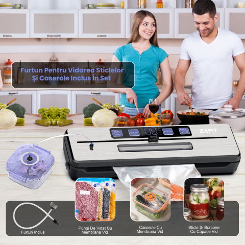Aparat de vidat alimente ZAFIT™ VID-360 PRO+, Furtun vidare sticle si caserole, 30 cm bara de lipire, 5 pungi incluse, Negru/Inox [2]