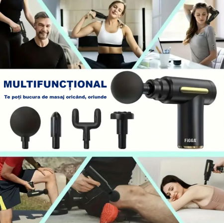 Aparat Masaj Profesional FiGGA®, Tip Pistol, Acumulator 2800mAh, 1800-3200 rpm, 4 capete, pentru Gat, Spate, Maini, Picioare, Anti Celulita, Motor Silentios, Negru [4]