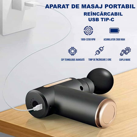 Aparat Masaj Profesional FiGGA®, Tip Pistol, Acumulator 2800mAh, 1800-3200 rpm, 4 capete, pentru Gat, Spate, Maini, Picioare, Anti Celulita, Motor Silentios, Negru [1]