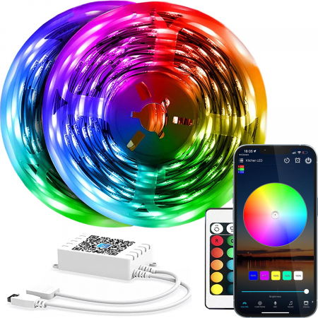 Benzi Led - Banda LED RGB ZAFIT™ 10 metri, Exterior/Interior IP65, Wi-Fi, aplicatie telefon, telecomanda, mod muzica, timer, microfon, intensitate lumina reglabila - Copie