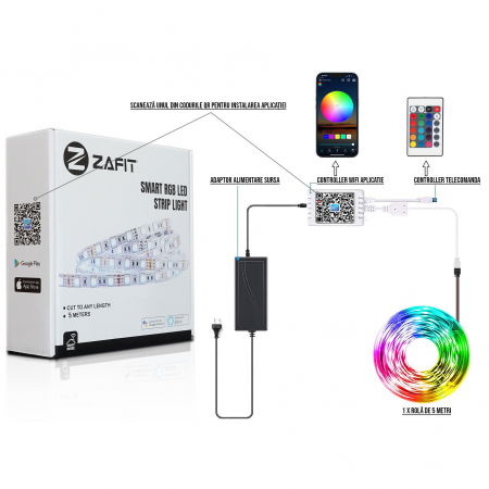 Banda LED RGB ZAFIT™ 5 metri, Interior IP20, 60 leduri/m 5050 RGB, Adeziva, Wi-Fi, aplicatie telefon, timer On/Off, telecomanda, mod muzica, microfon, intensitate lumina reglabila [1]