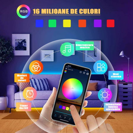 Banda LED RGB ZAFIT™ 5 metri, Exterior/Interior IP65, Adeziva, Wi-Fi, aplicatie telefon, telecomanda, mod muzica, timer, microfon, intensitate lumina reglabila [5]