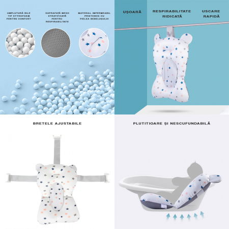 Cadita bebe cu suport FiGGA®, 0-48 luni, pliabila, termometru, picioare antiderapante, cana pentru clatire tip jucarie, suport cap de dus, suport pentru sapun, Albastru [2]