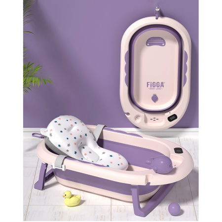 Cadita bebe cu suport FiGGA®, 0-48 luni, pliabila, termometru, picioare antiderapante, cana pentru clatire tip jucarie, suport cap de dus, suport pentru sapun, Roz [4]