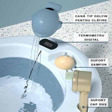 Cadita bebe cu suport FiGGA®, 0-48 luni, pliabila, termometru, picioare antiderapante, cana pentru clatire tip jucarie, suport cap de dus, suport pentru sapun, Albastru [3]