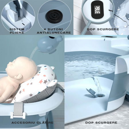 Cadita bebe cu suport FiGGA®, 0-48 luni, pliabila, termometru, picioare antiderapante, cana pentru clatire tip jucarie, suport cap de dus, suport pentru sapun, Albastru [4]