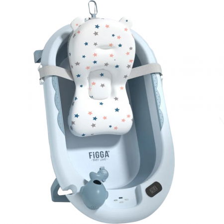 Cadite bebe - Cadita bebe cu suport FiGGA®, 0-48 luni, pliabila, termometru, picioare antiderapante, cana pentru clatire tip jucarie, suport cap de dus, suport pentru sapun, Albastru