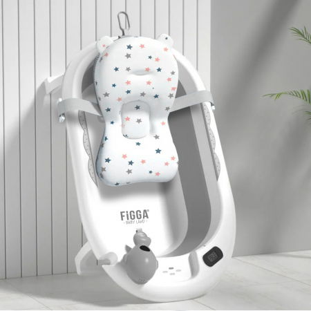 Cadite bebe - Cadita bebe cu suport FiGGA®, 0-48 luni, pliabila, termometru, picioare antiderapante, cana pentru clatire tip jucarie, suport cap de dus, suport pentru sapun, Gri