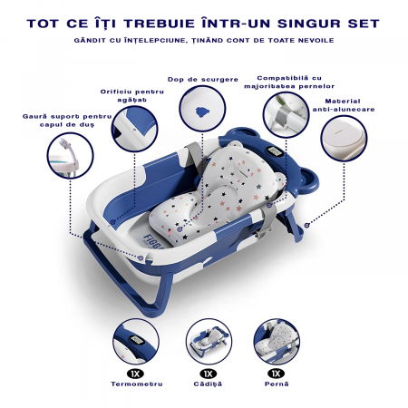 Cadita bebe cu suport FiGGA®, 0-48 luni, portabila, extra pliabila, termometru, picioare antiderapante, suport cap de dus, Albastru [2]