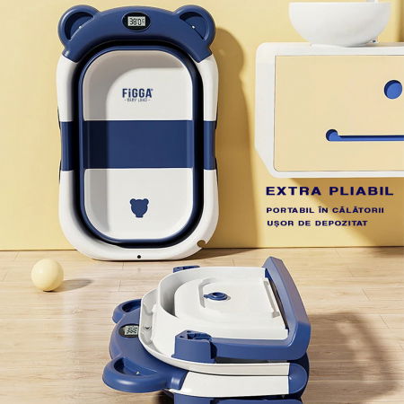 Cadita bebe cu suport FiGGA®, 0-48 luni, portabila, extra pliabila, termometru, picioare antiderapante, suport cap de dus, Albastru [1]