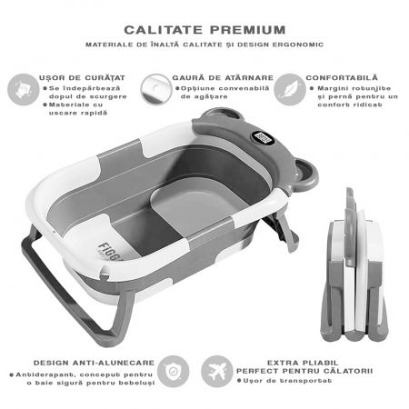 Cadita bebe cu suport FiGGA®, 0-48 luni, portabila, extra pliabila, termometru, picioare antiderapante, suport cap de dus, Gri [3]