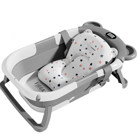 Cadite bebe - Cadita bebe cu suport FiGGA®, 0-48 luni, portabila, extra pliabila, termometru, picioare antiderapante, suport cap de dus, Gri