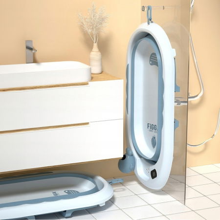 Cadita bebe FiGGA®, 0-48 luni, pliabila, termometru, picioare antiderapante, cana pentru clatire tip jucarie, suport cap de dus, suport pentru sapun, Albastru [5]