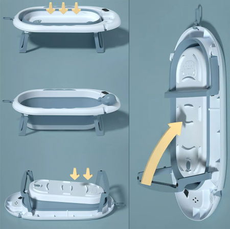 Cadita bebe FiGGA®, 0-48 luni, pliabila, termometru, picioare antiderapante, cana pentru clatire tip jucarie, suport cap de dus, suport pentru sapun, Albastru [6]