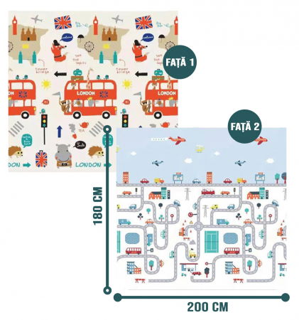 Covor de joaca FiGGA® pentru copii 200 x 180 cm, Spuma protectie, Termoizolant, Pliabil, 2 fete, Covoras bebe interactiv si educativ pentru activitati de joaca a bebelusului, Print 08 [1]