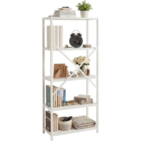 Etajera cu 5 rafturi depozitare FiGGA®, Metal si MDF, 150 cm x 60 cm x 30 cm, potrivita pentru baie, carti, pantofi, incaltaminte, papuci, jucarii, biblioteca, in camara, debara sau dressing, Alb/Alb [1]