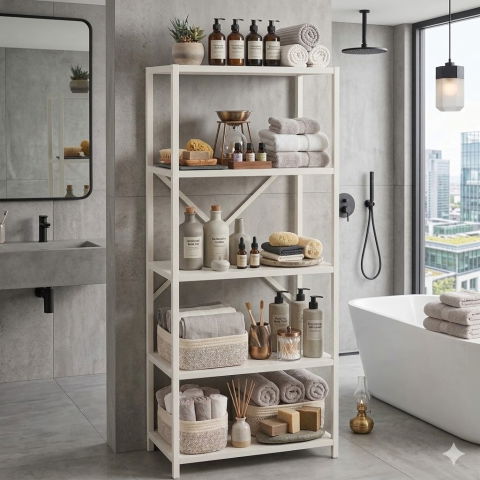 Etajera cu 5 rafturi depozitare FiGGA®, Metal si MDF, 150 cm x 60 cm x 30 cm, potrivita pentru baie, carti, pantofi, incaltaminte, papuci, jucarii, biblioteca, in camara, debara sau dressing, Alb/Alb [3]