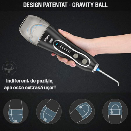 Dus bucal FiGGA® Oral-F101, Irigator portabil profesional, 8 Capete, Baterie 2500 mAh, 5 Viteze, 300 ml Rezervor, IPX7 Waterproof, Protectie supraincalzire, Gentuta depozitare, Negru [1]