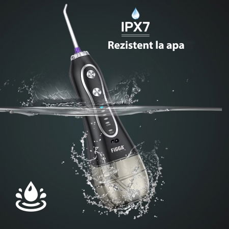 Dus bucal FiGGA® Oral-F101, Irigator portabil profesional, 8 Capete, Baterie 2500 mAh, 5 Viteze, 300 ml Rezervor, IPX7 Waterproof, Protectie supraincalzire, Gentuta depozitare, Negru [7]