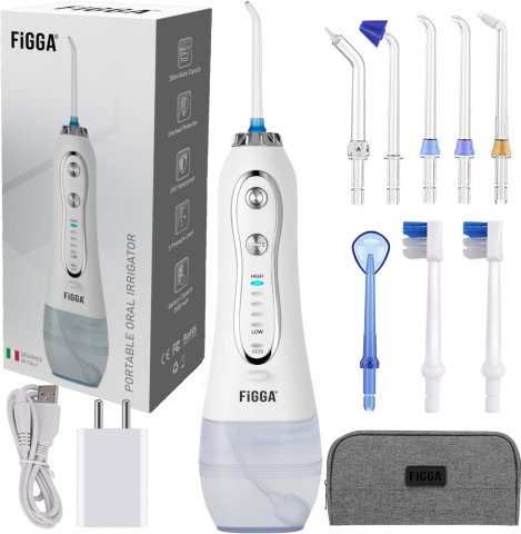 Irigatoare bucale - Dus bucal FiGGA® Oral-F101, Irigator portabil profesional, 8 Capete, Baterie 2500 mAh, 5 Viteze, 300 ml Rezervor, IPX7 Waterproof, Protectie supraincalzire, Gentuta depozitare, Alb