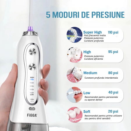 Dus bucal FiGGA® Oral-F101, Irigator portabil profesional, 8 Capete, Baterie 2500 mAh, 5 Viteze, 300 ml Rezervor, IPX7 Waterproof, Protectie supraincalzire, Gentuta depozitare, Alb [6]