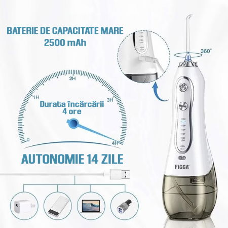 Dus bucal FiGGA® Oral-F101, Irigator portabil profesional, 8 Capete, Baterie 2500 mAh, 5 Viteze, 300 ml Rezervor, IPX7 Waterproof, Protectie supraincalzire, Gentuta depozitare, Alb [7]