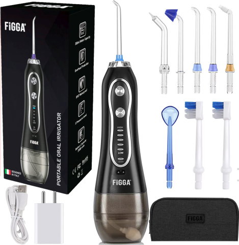 Irigatoare bucale - Dus bucal FiGGA® Oral-F101, Irigator portabil profesional, 8 Capete, Baterie 2500 mAh, 5 Viteze, 300 ml Rezervor, IPX7 Waterproof, Protectie supraincalzire, Gentuta depozitare, Negru