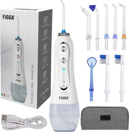 Irigatoare bucale - Dus bucal FiGGA® Oral-F101, Irigator portabil profesional, 8 Capete, Baterie 2500 mAh, 5 Viteze, 300 ml Rezervor, IPX7 Waterproof, Protectie supraincalzire, Gentuta depozitare, Alb