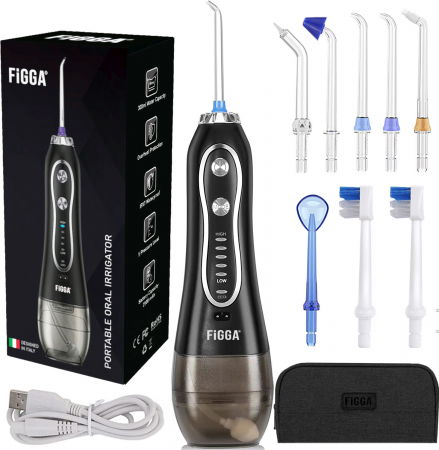 Irigatoare bucale - Dus bucal FiGGA® Oral-F101, Irigator portabil profesional, 8 Capete, Baterie 2500 mAh, 5 Viteze, 300 ml Rezervor, IPX7 Waterproof, Protectie supraincalzire, Gentuta depozitare, Negru