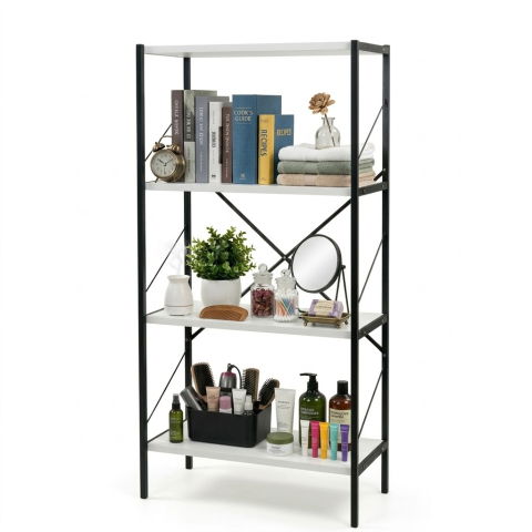 Etajere depozitare - Etajera cu 4 rafturi depozitare FiGGA®, Metal + MDF, 120 cm x 55 cm x 25 cm, potrivita pentru baie, carti, pantofi, incaltaminte, papuci, jucarii, biblioteca, in camara, debara sau dressing, Negru/Alb