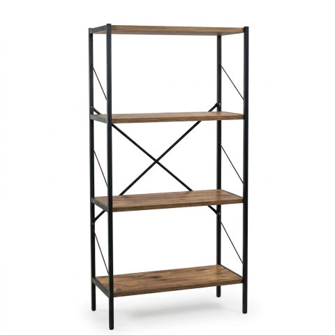 Etajere depozitare - Etajera cu 4 rafturi depozitare FiGGA®, Metal + MDF, 120 cm x 55 cm x 25 cm, potrivita pentru baie, carti, pantofi, incaltaminte, papuci, jucarii, biblioteca, in camara, debara sau dressing, Negru/Pin