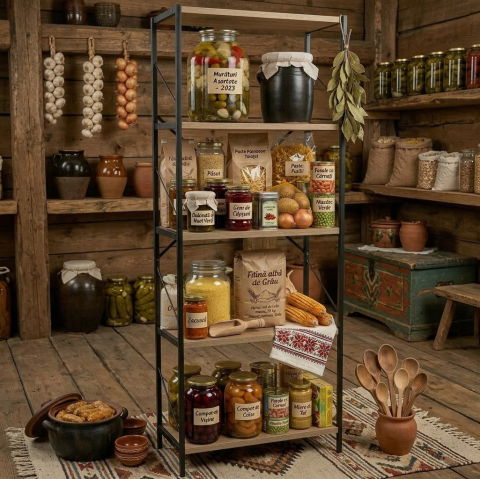 Etajera cu 5 rafturi depozitare FiGGA®, Metal + MDF, 150 cm x 60 cm x 30 cm, potrivita pentru baie, carti, pantofi, incaltaminte, papuci, jucarii, biblioteca, in camara, debara sau dressing, Negru/Pin [11]