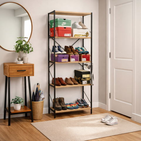 Etajera cu 5 rafturi depozitare FiGGA®, Metal + MDF, 150 cm x 60 cm x 30 cm, potrivita pentru baie, carti, pantofi, incaltaminte, papuci, jucarii, biblioteca, in camara, debara sau dressing, Negru/Pin [9]