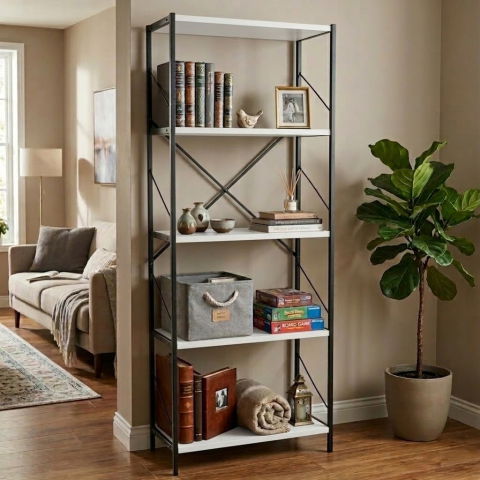 Etajera cu 5 rafturi depozitare FiGGA®, Metal + MDF, 150 cm x 60 cm x 30 cm, potrivita pentru baie, carti, pantofi, incaltaminte, papuci, jucarii, biblioteca, in camara, debara sau dressing, Negru/Pin [5]