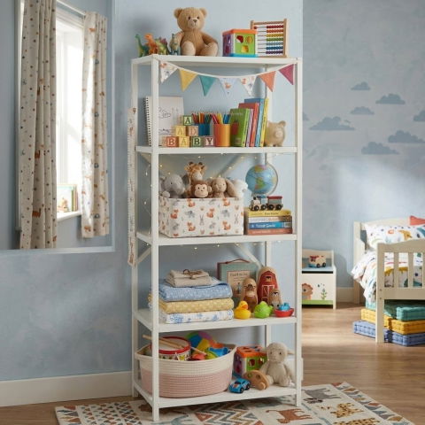 Etajera cu 5 rafturi depozitare FiGGA®, Metal si MDF, 150 cm x 60 cm x 30 cm, potrivita pentru baie, carti, pantofi, incaltaminte, papuci, jucarii, biblioteca, in camara, debara sau dressing, Alb/Alb [5]