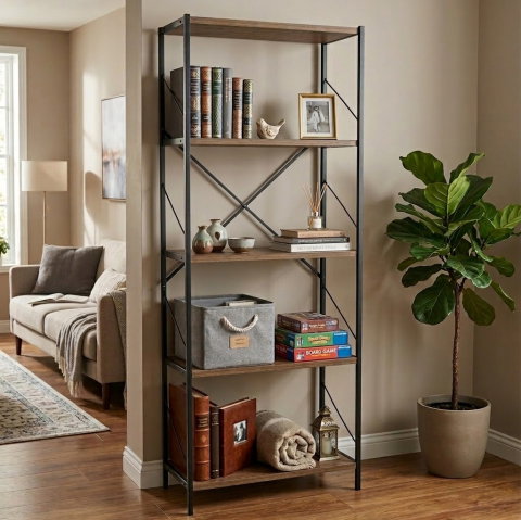 Etajera cu 5 rafturi depozitare FiGGA®, Metal si MDF, 150 cm x 60 cm x 30 cm, potrivita pentru baie, carti, pantofi, incaltaminte, papuci, jucarii, biblioteca, in camara, debara sau dressing, Negru/Pi [6]