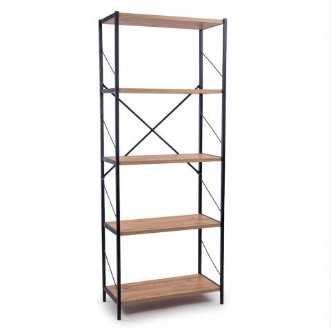 Etajera cu 5 rafturi depozitare FiGGA®, Metal si MDF, 150 cm x 60 cm x 30 cm, potrivita pentru baie, carti, pantofi, incaltaminte, papuci, jucarii, biblioteca, in camara, debara sau dressing, Negru/Pi [1]